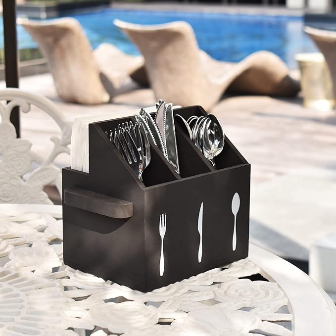 Ikee Design Wooden Utensil Caddy with Handles, Silverware Caddy, Silverware Holder for Countertop,Party,Camping and Kitchen, Organizer, Picnic Cutlery Holders, Black Color