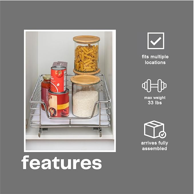 Household Essentials Glidez Chrome-Plated Steel Pull-Out/Slide-Out Storage Organizer with Plastic Liner for Under Cabinet Use - 1-Tier Design - Fits Standard Size Cabinet or Shelf, Chrome