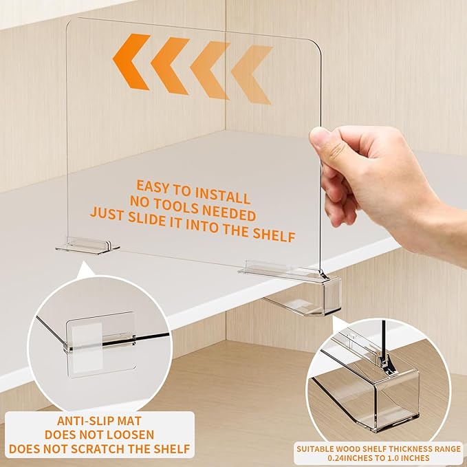 Yieach 4 Pack Adjustable Height Acrylic Shelf Dividers for Closet Organization,Clear Closet Shelf Dividers for Shelves,Vertical Closet Shelf Separators in Closet for Towel,Bag,Purse,Sweater,Bookshelf