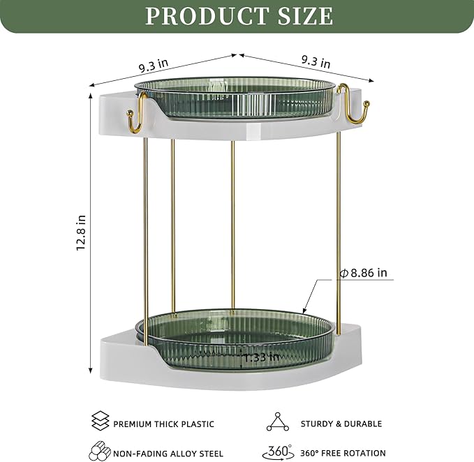 2 Pack Lazy Susan Turntable - Corner Spice Organizer for Cabinet - 9 Inch Rotating Condiment Rack Storage for Refrigerator, Pantry, Kitchen, Vanity, Bathroom Countertop (2 Tier-Green)