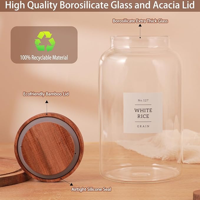 High Borosilicate Large Glass Jar with Airtight Acacia Lid and 132 Kitchen Panty Labels Preprinted - 94 Fl Oz Thicken Big Glass Food Storage Container Canister for Flour, Sugar, Rice, Cookie, Cereal