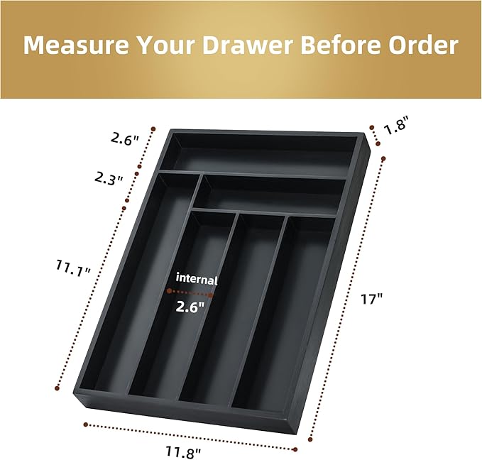 Silverware Organizer Kitchen Drawer Organizer Utensil Organizer Bamboo Silverware Holder Cutlery Organizer in Drawer Flatware Organizer Tray(6 slots, Black