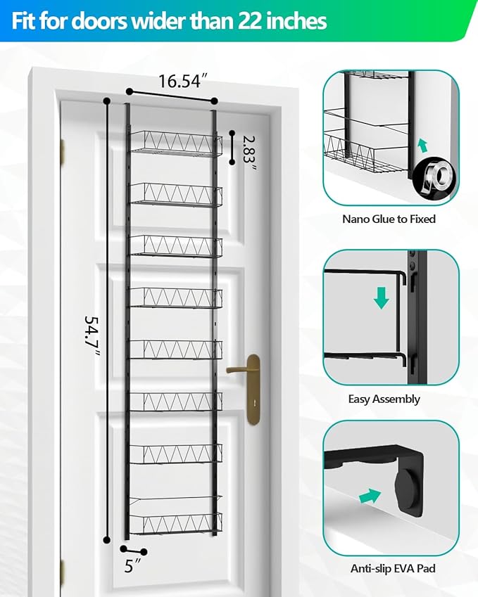 Over The Door Pantry Organizer, Kitchen Organizers and Storage - 8-Tier Pantry Organizers and Storage, Over The Door Organizer for Laundry Room Bathroom Organization, Metal Hanging Spice Rack