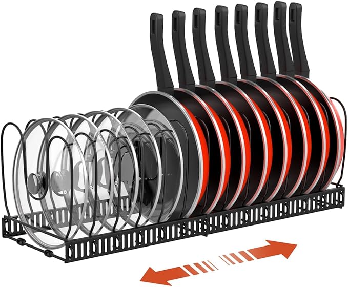 Pot and Pan Organizer Rack for Cabinet, Expandable Pot Lid Organizer Holder with 14 Adjustable Dividers, Fully Expanded Size 22.83" W x 7.09" D x 7.09" H, Black