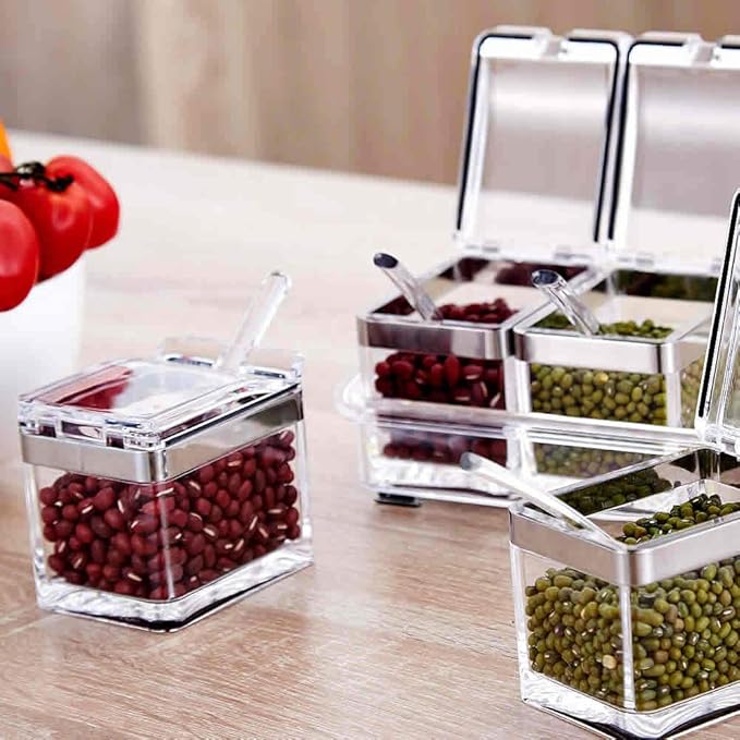 Seasoning Box Stainless 304 Steel Edge, Seasoning Rack Spice Pots, Storage Container Condiment Jars, 4 Piece Clear Acrylic Cruet with Cover and Spoon