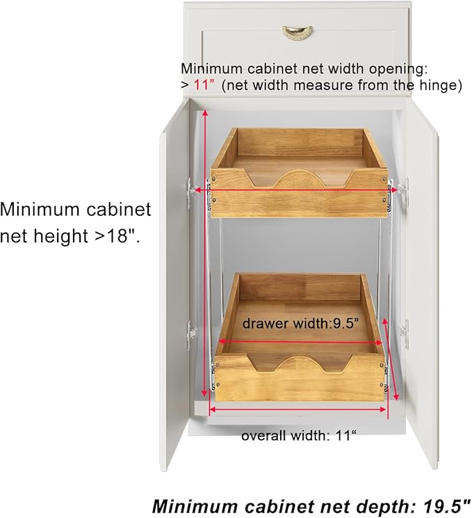 DINDON 2 Tier Wood Pull Out Cabinet Organizer (11" W x 18" D) Slide Out Wood Drawer, Two Tier Pull Out Shelf Organization and Storage…