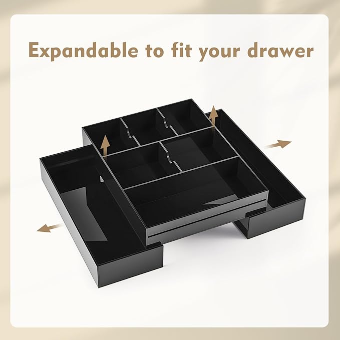 1 Pc Acrylic Desk Drawer Organizer Maximum Expandable Drawer Organizer Trays with 8 Adjustable Compartments Desk Accessories for Makeup Silverware Office Bathroom(Black,Classic)
