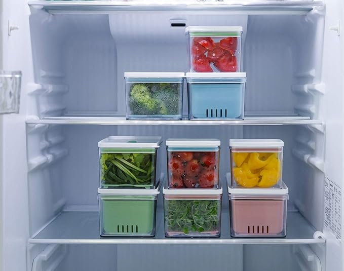Lille Home Stackable Produce Saver, Organizer Bins/Storage Containers with Removable Drain Tray, Set of Three, for Refrigerators, Cabinets, Countertops and Pantry, BPA Free (Blue,Set of Three)