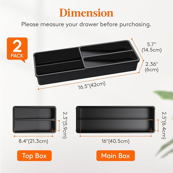 Lifewit Compact Silverware Organizer for Kitchen Drawer, Narrow Flatware Tray Holder, Plastic Cutlery Spoons, Forks and Knives Storage, Black, 2 Pack