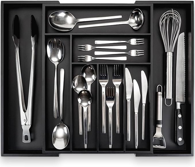 budu Silverware Drawer Organizer #16.9" Depth – Black - Utensil Holder, Kitchen Drawer Organizers for Flatware, Cutlery – Perfect Utensil Organizer for Silverware & Other Kitchen Organization Tools