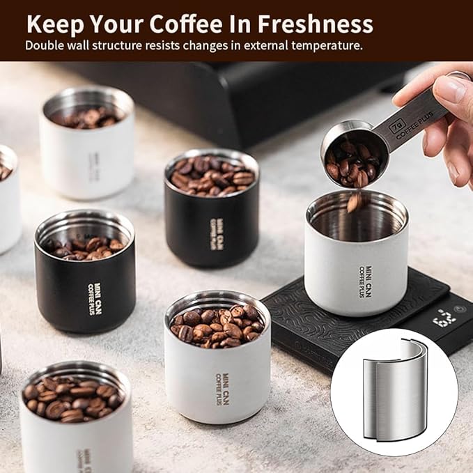 watchget Portable Mini Airtight Coffee Canister - 80ml Stainless Steel Coffee Bean Storage with CO2 Releasing Valves, Compact and Travel-Friendly Container for 30-35g Beans, Grounds, Dark Grey