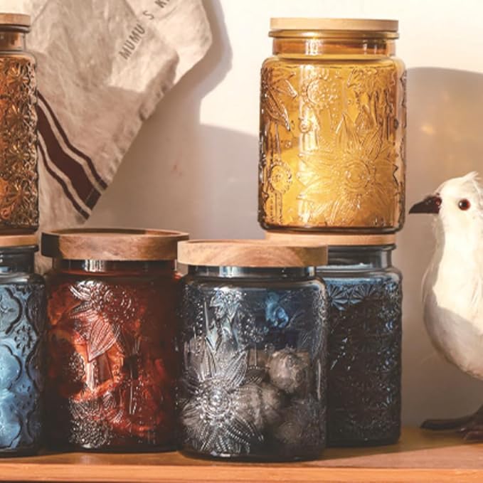 2 Pack Vintage Glass Jars, 23.7oz Glass Jars with Bamboo Lids, Decorative Mason Jar for Home Kitchen Storage Coffee Tea Sugar Biscuit Candy Jar, Cute Jar (Yellow, 2 Pack)