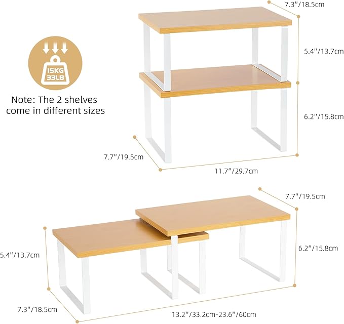 Cabinet Organizer - Set of 6 Stackable, Expandable Metal & Wood Shelves for Kitchen Counter, Spice, Mug & Plate Storage