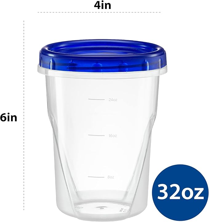 Twist Top Deli Containers Food Storage Containers Blue Screw on Lid Reusable Stackable Leakproof Airtight, pack of 10-32 oz containers