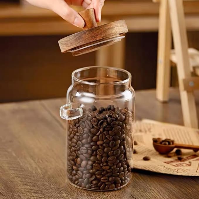 ANSQU Glass Jar with Wooden Lid and Spoon, 20.3oz Food Storage Containers Coffee Jar Coffee Grounds Container, Glass Food Storage Canister (1 Pack)