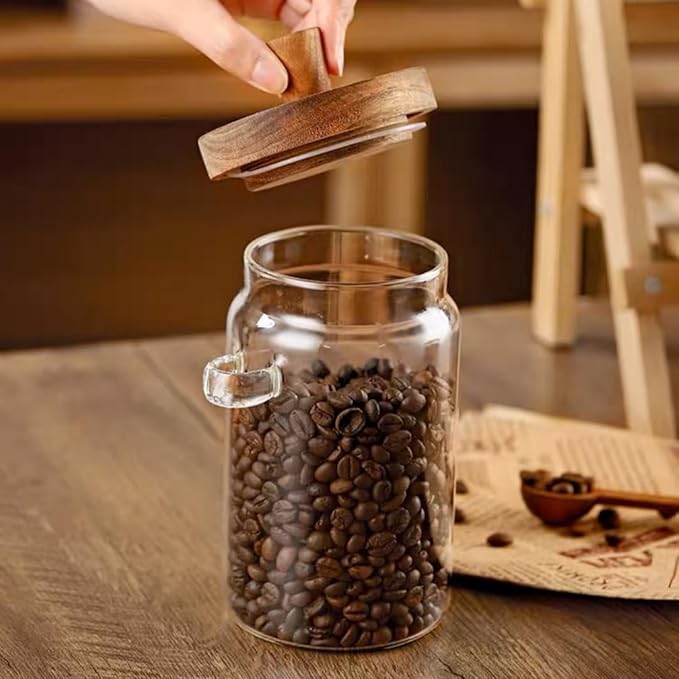 ANSQU Glass Jar with Wooden Lid & Spoon, 27oz Food Storage Containers Coffee Jar Coffee Grounds Container, Glass Food Storage Canister (1 Pack)
