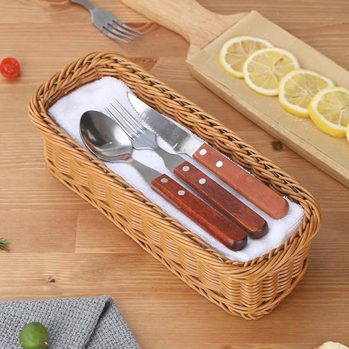 Cabilock 2pcs Wicker Rectangular Woven Baskets Bins Rattan Woven Utensils Holder Cutlery Organizer for Countertop Chopsticks Storage