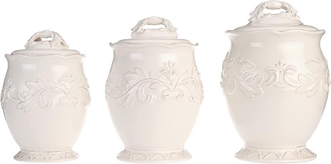 Firenze Ivory 3-Piece Ceramic Canister Set with Lids – Elegant Kitchen Storage Jars for Flour, Sugar, Coffee or Tea – Vintage White Countertop Décor for Farmhouse or French Country Homes