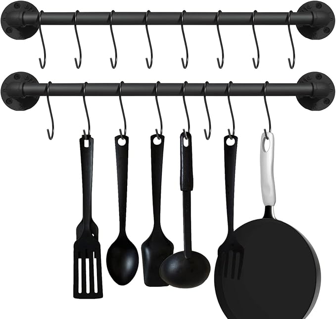 21 inch Pot Pan Bar Rack Wall Mounted Set of 2 with 16 Hooks Industrial Pipe Pot Hanger Rustic Iron Pan Hanging Rail Pipe Towel Holder Kitchen Utensil Organizer Black