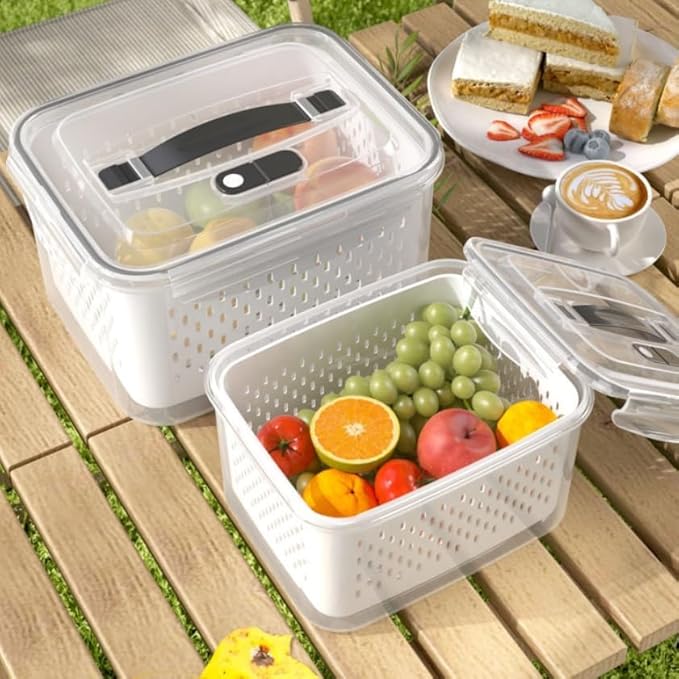 4 Pack Large Airtight Fridge Food Organizer Containers, Fruit and Vegetable Storage Containers with lids, Portable Outdoor Picnics Food Storage with Removable Colanders(4.15L+3.15L+1.7L+0.8L)