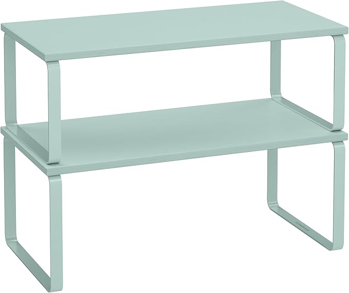 SONGMICS Cabinet Organizer Shelf, Set of 2 Kitchen Counter Shelves, Kitchen Storage, Spice Rack, Stackable, Expandable, Metal and Engineered Wood, Moonlight Green UKCS200C01