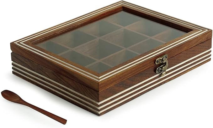 ExclusiveLane Wooden Indian Spice Box With Spoon (12 Compartments, 90 ML Each) - Masala Dabba Wooden Masala Box Namak Daani Sheesham Wood Spices Organizer Container Spice Boxes For Kitchen
