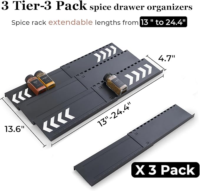 Spice Drawer Organizer, 3 Tier- 3 Pack Drawer Seasoning Organizer Expandable from 13" to 24.4", Spice Rack for Kitchen Drawers, Spice Organization Insert Tray for Drawer (Jars not included)