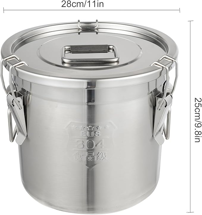 DYNAMI 304 Stainless Steel Airtight Canister, 3.2Gal Canisters Container with Lids and Sturdy Locking Clamp,Bucket Food Storage Containers Airtight for Rice, Flour, Grain, Coffee Bean(12L)