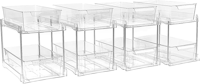 1 Pack 2-Tier Bathroom Under Sink Organizers and Storage - Clear Stackable Containers for Kitchen, Pantry, Vanity, Medicine Cabinet, Makeup, and Counter with Pull-Out Track