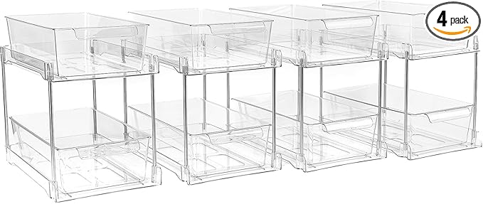 4 Pack 2-Tier Bathroom Under Sink Organizers and Storage - Clear Stackable Containers for Kitchen, Pantry, Vanity, Medicine Cabinet, Makeup, and Counter with Pull-Out Track