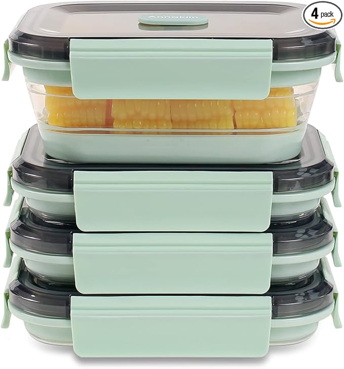 Collapsible Food Storage Containers with Lid & Air Vent, Clear Stacking Silicone Collapsible Food Container Set, Microwave Freezer Dishwasher Safe Space-Saver, Set of 4, Mint Green