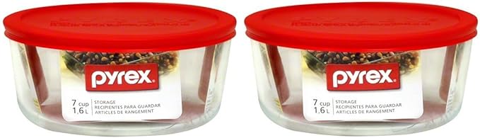 Pyrex Storage Plus 7-Cup Round Storage Dish with Red Plastic Cover Pack of 2 Containers, Clear, Red