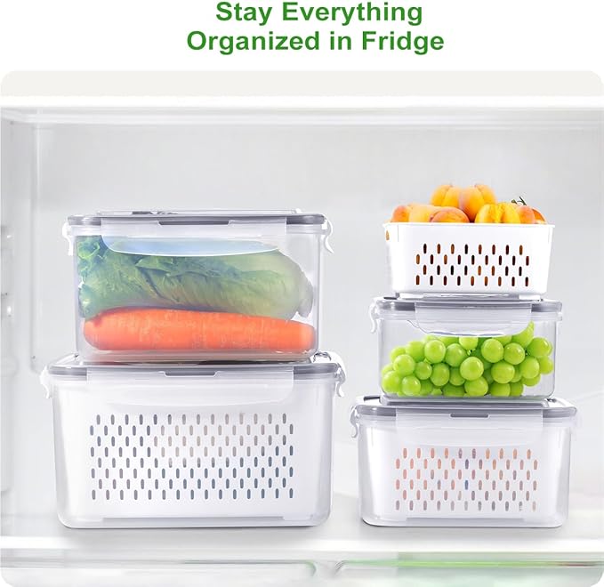 5 Pcs Fruit Storage Containers for Fridge, Airtight Fridge Organizer Bins with Vent Handle Lids, Keep Food Fresh Longer, Dishwasher Safe (Large, 4150ml)