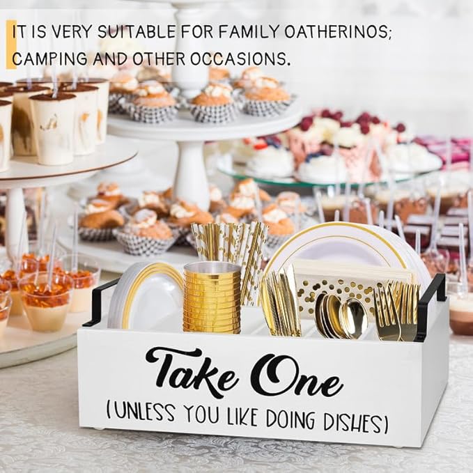 Lzhevsk Paper Plate Holders Silverware Caddy for Countertop, Kitchen Utensil Holder Organizer for Cutlery, Cups, Fork, Spoon, Wood Utensil Caddy Paper Plates Dispenser for Party Picnic BBQ
