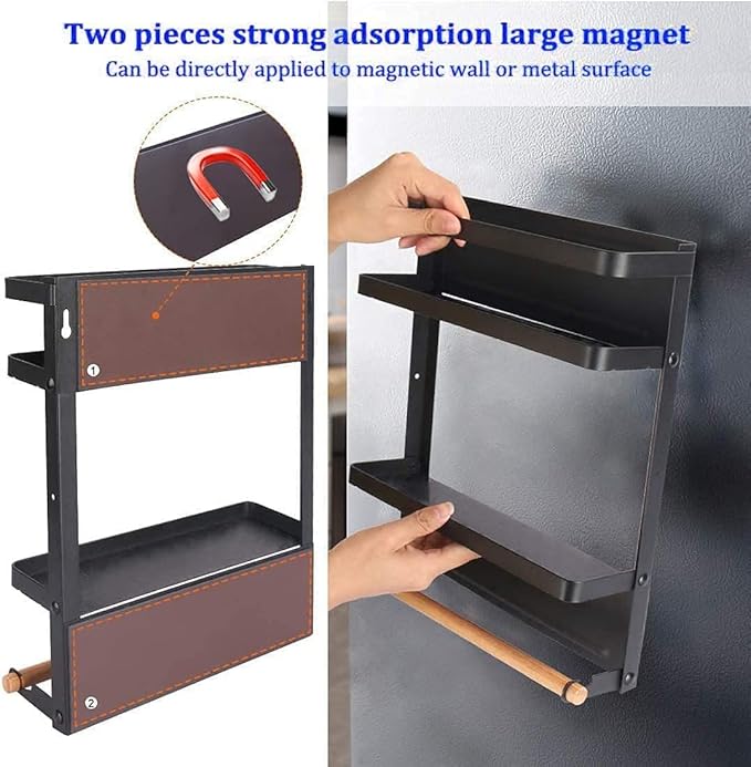 Magnetic Spice Rack for Refrigerator Magnetic Paper Towel Holder for Fridge Magnetic Shelf Magnetic Shelves Fridge Magnet Organizer Spice Rack Kitchen Organization Kitchen Storage Black