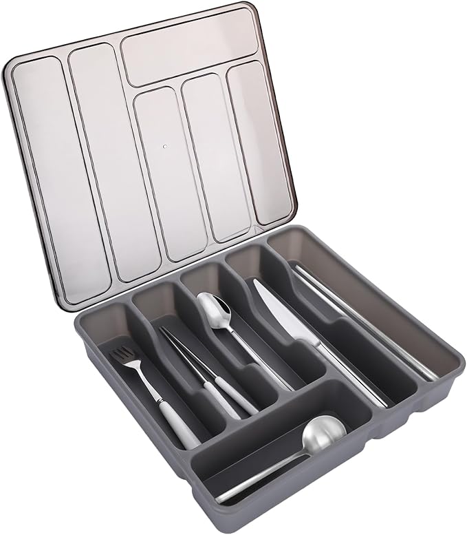 Gray Silverware Organizer with Lid,Plastic Utensil Drawer Organizer,Covered Storage Box Flatware Cutlery Drawer Organizer,Utensil Organizer for Kitchen Drawers,Silverware Tray for Drawer