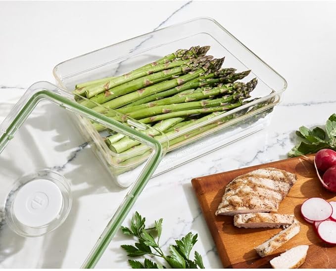 iDesign Large Fridge Produce Bin with Removable Drainage Tray and Lid - Set of 2 - Clear/White