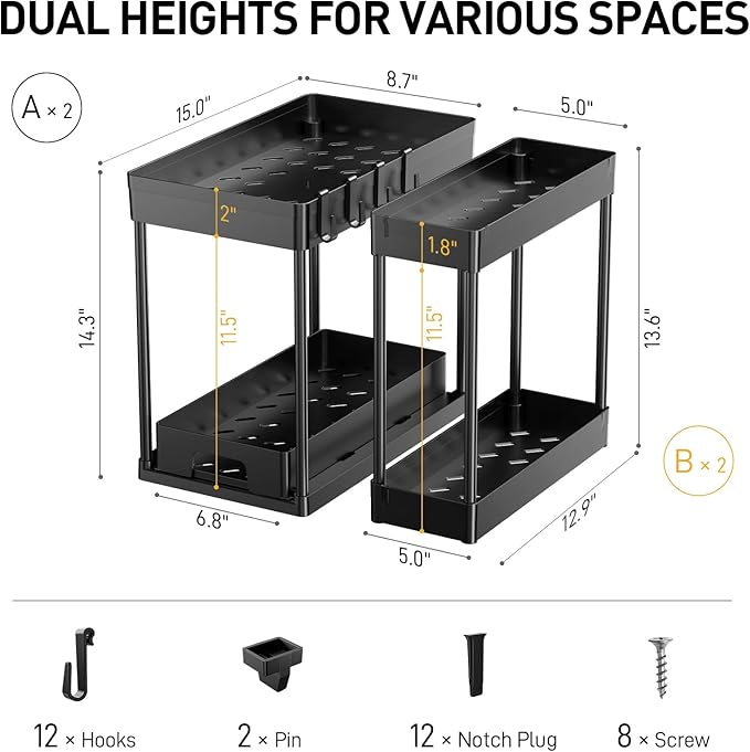 Delamu 4 Pack Under Sink Organizers and Storage, 2 Tier Black Bathroom Cabinet Organizer, Multi-Use Kitchen Bathroom Organizers and Storage