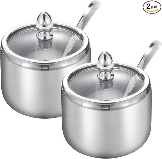 Kitchen Stainless Steel Spice Jars Seasonning Box with Spoons, Seasoning Containers Bottles with Stainless Steel &Clear Glass Cap,10oz for Home and Kitchen (2)