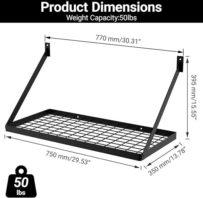 Square Grid Wall Mount Pot Rack Storage Shelf with 10 Hooks, Kitchen Cookware Hanging Organizer, Black, KPR300A-BK