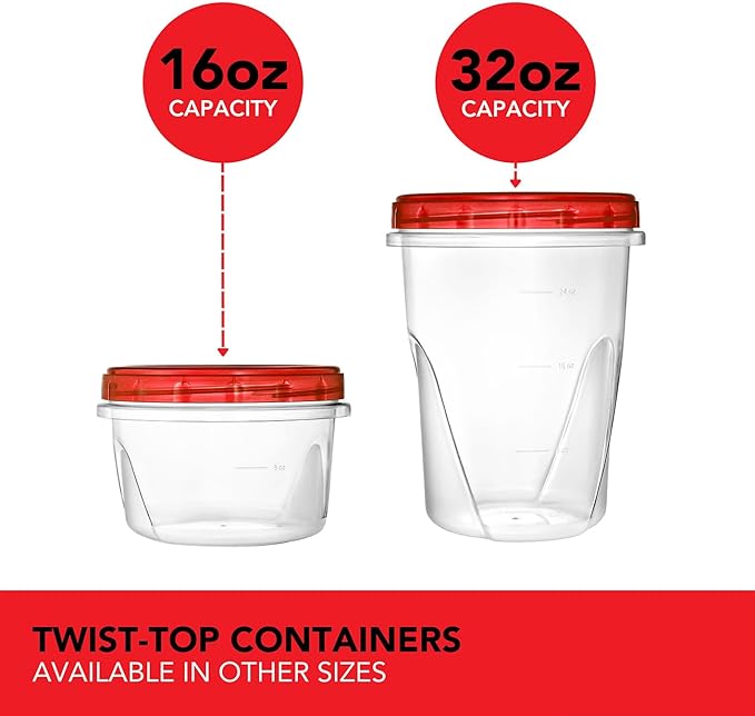32oz Plastic Containers with Red Twist Top Lids (6 Pack) – Quart Freezer Containers for Leftovers, Airtight Reusable Soup Storage, Microwave & Dishwasher Safe