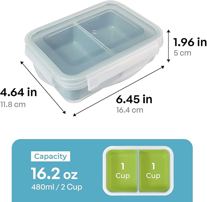 carrotez Food Storage Containers with 2 Removable Compartments, Snack Containers with Airtight Lids, Portion Control, BPA Free, Reusable, 2 Cup (480ml)