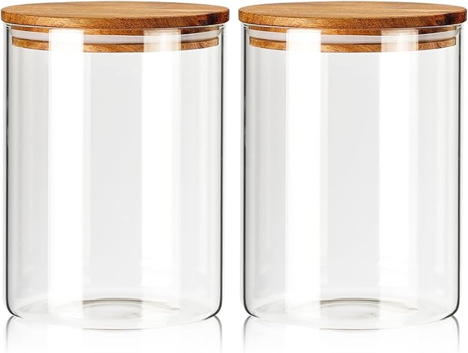 Labina Glass Storage Container Airtight Food Jars Kitchen Canister with Wood Lids, 64 Oz Wide Mouth Pantry Organization Glass Jar for Flour, Sugar, Cookie, Spagetti, Nuts and Candy (2 Pack)