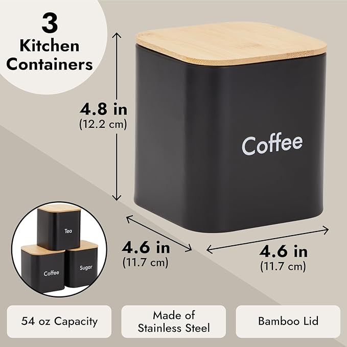 Juvale Coffee Tea Sugar Container Set - Black Iron Kitchen Canister Set with Bamboo Lids (3 Pieces, 48 oz)