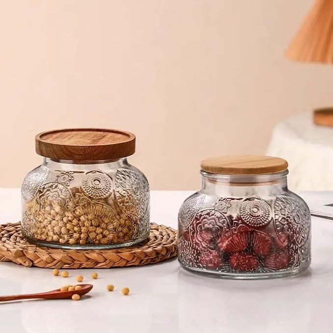 Vintage Glass Jar with Lid, Airtight Glass Storage Jar, 25.3 FL OZ Glass Food Storage Container, Decoration Glass Jar for Candy, Coffee, Tea, Nut, Sugar container (Garden)