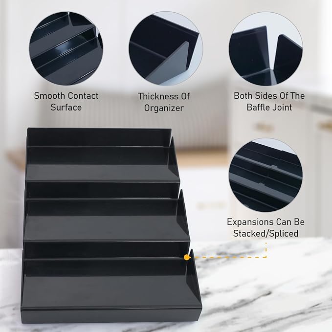 Expandable Spice Drawer Organizer, 3 Tier Seasoning Jars Drawer Insert, Spice Rack Organization for Drawer Cabinet Countertop Pantry Makeup Storage(Black)