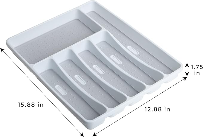 Smart Design 6 Compartment Plastic Drawer Organizer - Non-Slip Lining and Feet - BPA Free - Utensils, Flatware, Office, Personal Care, or Makeup Storage - Kitchen - White with Gray