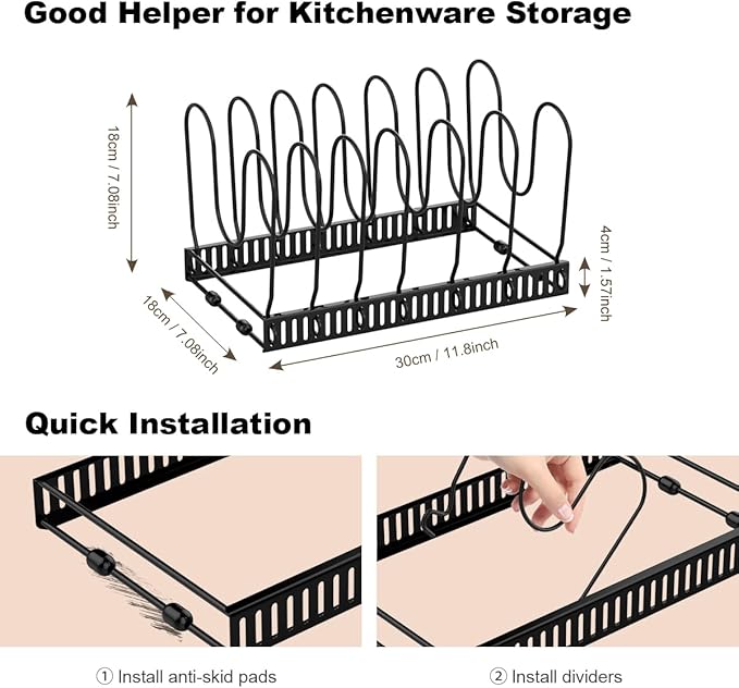 Pot and Pan Organizer Rack for Cabinet, Pot Lid Organizer with 7 Adjustable Dividers, Pan Holder Storage Rack for Kitchen Cabinet, Black
