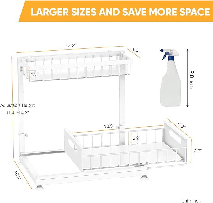 Under Sink Organizer Storage 2-Tier Premium Metal Pull-Out Racks, Height Adjustable, Easy Installation | Kitchen & Bathroom Organizers Pack of 1 White