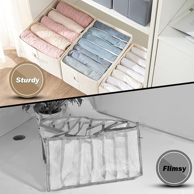 2 Packs Wardrobe Clothes Organizer, Foldable Closet Organizers Extra large 5 Grids Fabric Drawer Dividers with Double Handles for Jeans, Clothes, Pants, Sweaters, T-Shirts (Cream)